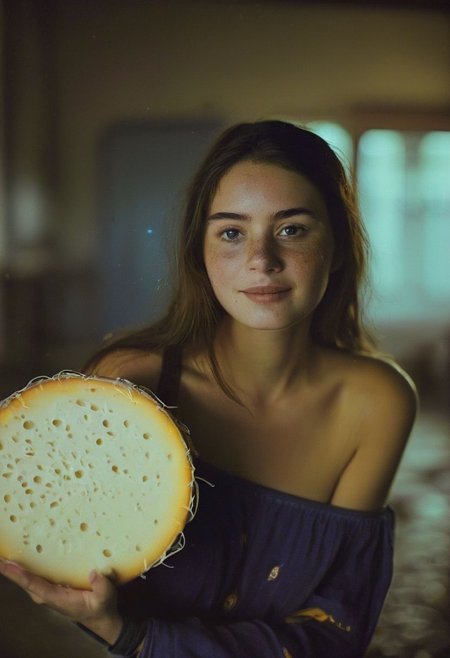 Dark-art nature-cosplay, very dark focused flash photo, A24 style Flashlight Photo, Soaked_seasalt, A woman with long dark-brown hair cascading over her shoulders and freckles on her face stands in an old dairy, illuminated by dim, atmospheric light. She looks naturally beautiful blushed and is holding a large wheel of cheese in front of her, gazing at the Viewer with a look of hopeful Smiling affection., dutch Angle, Film grain, dimly lit, scratched, inside nightly dairy, dystopian, bleaked colors, Dusty atmosphere, volumetric lighting, atmospheric haze,