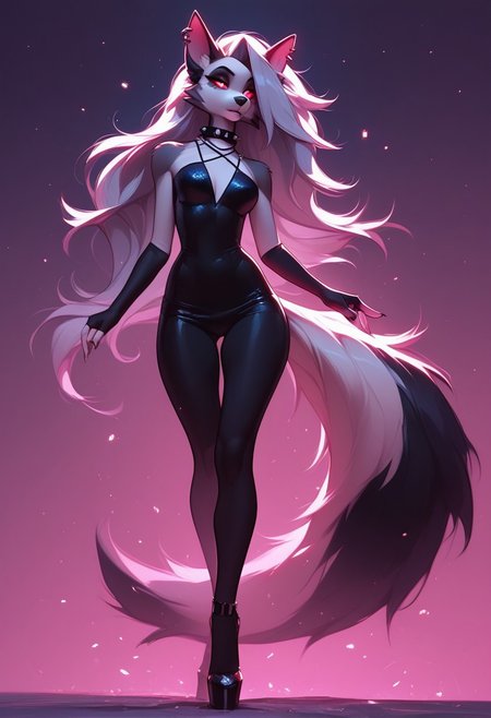 score_9, score_8_up, score_7_up, score_6_up, 1girl, solo, loona, from hellova boss, anthro furry, long hair, nightclub outfit, tight pink dress, perfect face, perfecteyes, sexy, sexy girl, beautiful eyes,  dancing, dynamic angle, full body shot, red eyes, glowing eyes, red sclera, long fluffy tail, D4NC3RS