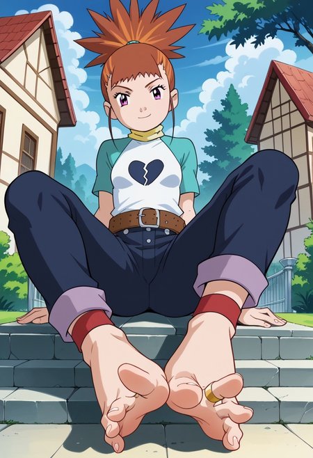 score_9, score_8_up, score_7_up,looking at viewer,source_anime,BREAK UHD image of 1girl,solo, small breasts, wide_hips, elegant, RikaNonaka, 1girl, solo, ponytail, red hair, orange hair, two-tone hair, purple eyes, turtleneck, t-shirt, raglan sleeves, red wristband, belt, blue pants, barefoot, perfect body, sitting on leap, presenting feet to viewer, wrinkles on soles, sole focus, feet focus, footjob:1.5, motion lines, from below, feet zoom, slutty face, smiling , anklets, ring toes, outside, house, (wide spreading toes:1.5) (gaps between toes:1.5)