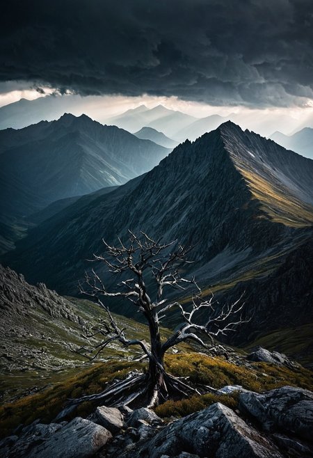 Moody Mountainous Landscape: Capture the majesty of a storm brewing over a rugged mountain range. Dark, ominous clouds hang low, casting a melancholic shadow over the peaks. A solitary tree stands defiantly, its branches reaching for the fading light, creating a dramatic and dreamy atmosphere. Use a wide-angle lens to encompass the vastness of the scene.