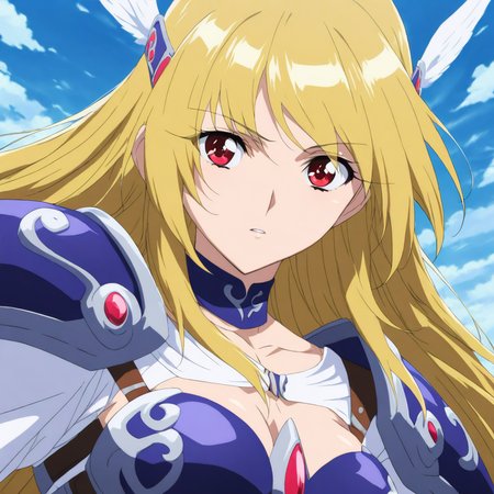 solo,upper_body,portrait,looking at viewer,masterpiece,high score,great score,absurdres,anime coloring,armor,<lora:Valkyrie ag4o:1> valkyrie, blonde hair, long hair, red eyes,
