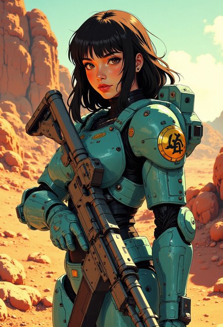 Japanese female sci-fi space marine, long hair, bangs, teal power armour with gold heraldry, holding an assualt rifle, dusty arid terrain, silhouetted, chiascuro, directional lighting, j_art
