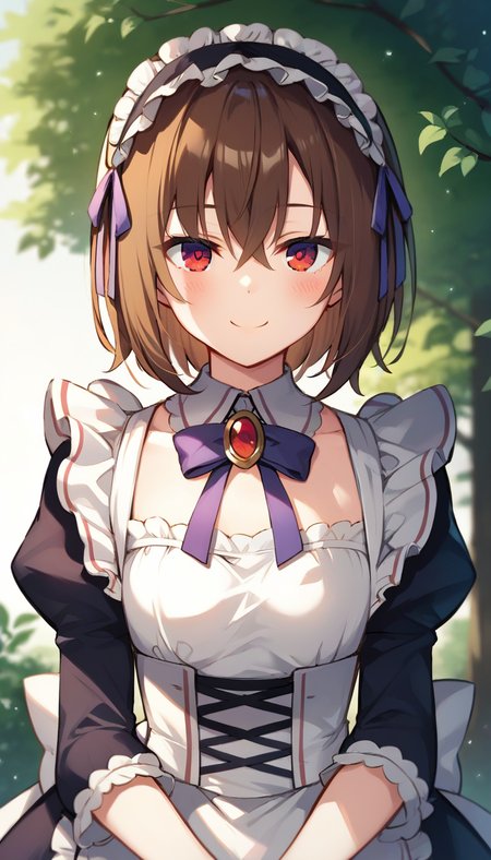 score_9,score_8_up,score_7_up,score_6_up BREAK official art,solo,outdoors,upper body,(portrait:1.5),looking at viewer,facing viewer,smile,blush,Shary Corvette,maid headdress,medium hair,brown hair,hair between eyes,red eyes,black bow,jewelry,brooch,purple ribbon,juliet sleeves,long sleeves,puffy sleeves,wide sleeves,small breasts,maid apron,white apron,frilled apron,black dress,white pantyhose,mary janes,<lora:Shary Corvette(sgmt)-Pony:1.2>,