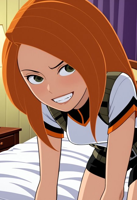 kim, navel, midriff, small breasts, orange hair,
New mission outfit,
solo, short, athletic, blushing,  expressiveh, close up view down shirt, bent over, chest focus view, bedroom, 
bedroom, on bed, naughty look, grin