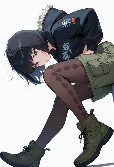 masterpiece,high quality details, absurdres,
 <lora:Sara_Takahashi:0.8> 
sara_cnr,1girl, black hair, bob cut,  short hair, bangs, blue eyes,, simple background, white background, dynamic angle,solo,, sulking,envy,, legs dangling,one foot on tiptoe,seated with knees drawn up,, parka  ,cropped shirt,cargo pants, ,argyle legwear pantyhose,
