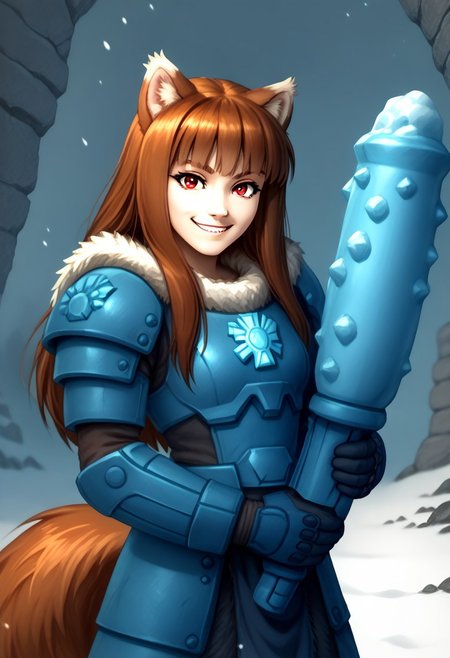 score_9, score_8_up, score_7_up, masterpiece, perfecteyes, holo, brown hair,long hair,red eyes, wolf girl,wolf ear,wolf tail, solo, , looking at the viewer, detailed background, wearing power armor, spcwlf, 3/4 angle, proud smile, a bltgun bolter weapon, holding a bolter weapon in lift arm,  ice, snow, icy cavern, outdoors, fur cloak, holo in spcwlf armor holding a bolter weapon
