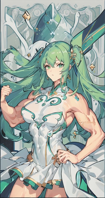 (((masterpiece))),(((bestquality))),((ultra-detailed)),(illustration),((anextremelydelicateandbeautiful)),dynamicangle,floating,(beautifuldetailedeyes),(detailedlight) ,(1man:1.6), (muscular:1.8),solo, floating_hair,glowingeyes,green hair,greeneyes, twintails, halterdress,  atdan, green background, <lora:animeTarotCardArtStyleLora_v20Offset:0.8>,