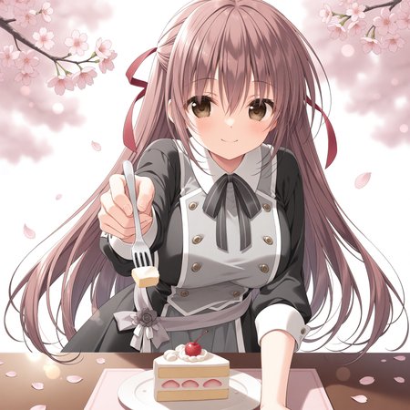 <lora:Misakura_Rin_Toki_2_nai-000077:1>,Misakura Rin,hair ribbon,red ribbon,
long sleeves,black ribbon,black sleeves,neck ribbon,grey shirt,collared shirt,black dress,layered dress,grey skirt,white trim,waist ribbon,dress flower,grey pantyhose,
BREAK
1girl,solo,smile,looking at viewer,bust,upper body,holding fork,cake,cake slice,sitting,incoming food,table,depth of field,lens_flare,reaching towards viewer,food focus,front view,leaning forward,white simple background,simple background,cherry blossoms,petals,falling petals,straight-on,