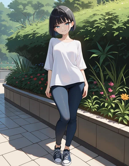 masterpiece, best quality, very aesthetic, absurdres,
outdoors, 
full body, standing,posing,
seductive smile, parted lips, long eyelashes,
 <lora:Annya_v01_NAIXL:1>  Annya,1girl,solo,black hair,short hair,bob cut,bangs,blue eyes,