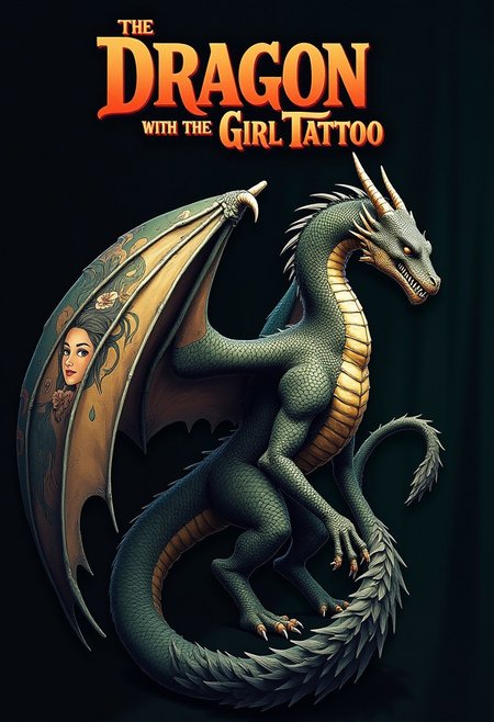Generate a detailed movie poster for "The Dragon with the Girl Tattoo." The poster should feature a dragon with an intricately detailed tattoo of a woman's face on its left wing viewed from the back. The dragon is the main focal point, with its wings spread wide. 