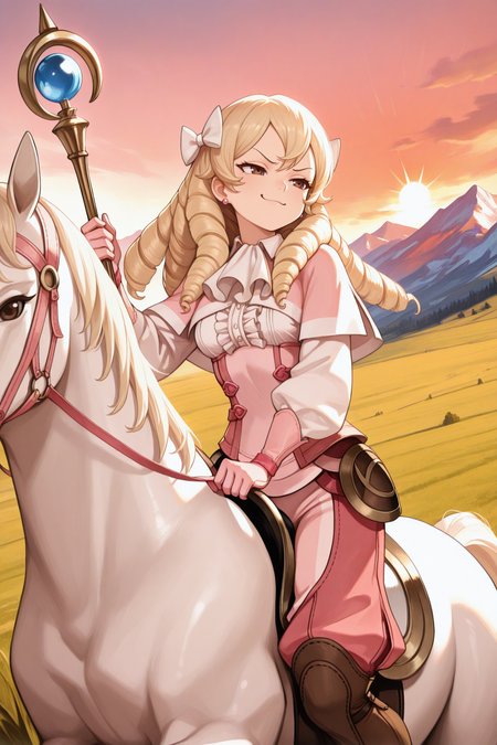 masterpiece, best quality, 1girl, solo, <lora:femaribelle-illu-nvwls-v1-000006:1> mribl, blonde hair, ringlets, long hair, brown eyes, earrings, pink capelet, white ascot, pink shirt, center frills, pink pants, baggy pants, pink gloves, white sleeves, brown boots, riding white horse, horseback riding, holding staff, smug, field, mountains, sunset