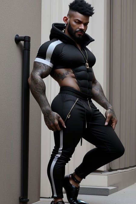 Gay Caucasian man, masculine, hairy, black colour rubber, tight tracksuit, high stiletto heels, chains,  tiny man, hold a gay flag, splitting legs