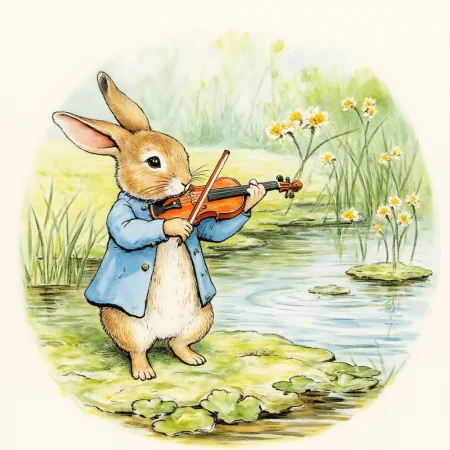 BPStyle, drawing, sole male rabbit plays the violin near pond. BPStyle,  <lora:Beatrix_Potter_drawing_style_for_FLUX:1>