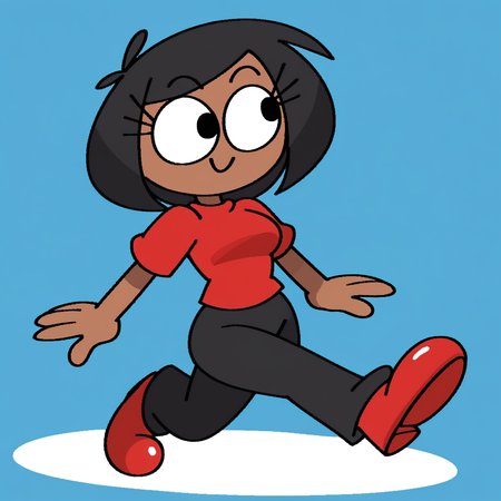zPDXL, flat colors, cel shading, vector, \shadows, source_cartoon, \blue background, white floor, 1girl, solo, rob_(\vilepluff\), dark skin, eyelashes, medium breasts, small head, black hair, bob cut, shiny skin, red shirt, grey pants, red boots, big shoes, shiny shoes, jogging, cowboy shot, smile,  <lora:RobVile:0.9>