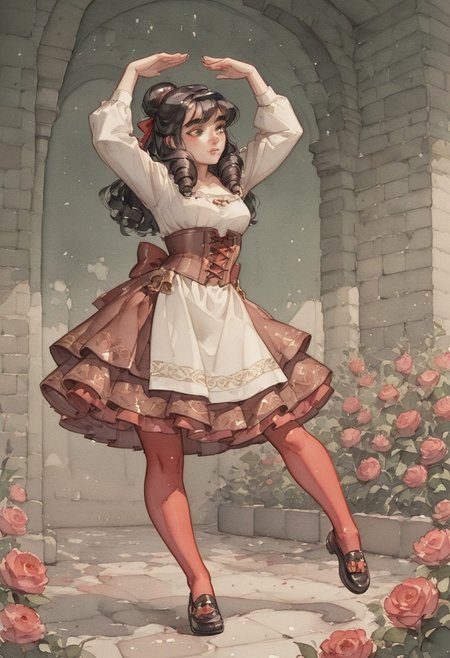 ( watercolor):2, (pastel colors), high detail, (lineless:1.2), (realistic), detailed, depth of field, dynamic lighting, masterpiece, detailed_eyes, high_quality, best_quality, highres, (muted colors), pencil lines, 
in the garden, among blooming roses, day,
woman in a dance pose, frontal,(claps his hands), leg extended, toe pointed,  frozen before the start of the dance,
black hair tied in a bun, strands in ringlets, (high comb in hair), proud, thin nose, black eyes, shadows under the eyes, thick eyebrows, narrow face, stern look, haughty, adult,
white shirt with a square neckline, shirt decorated with tassels, burgundy corset with embroidery, tightly pulled in at the waist, fluffy multi-layered skirt, (skirt below the knee), red tights, (black shoes with red bows and bells), gold buckles on shoes,square white apron,