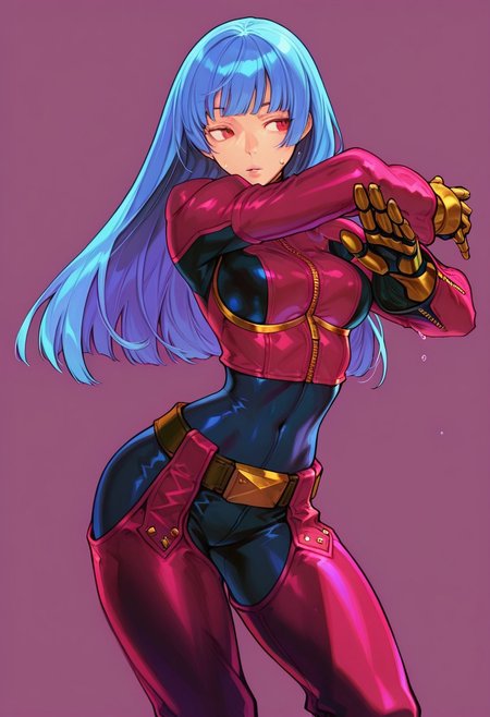 masterpiece, best quality, very aesthetic, absurdres, 
1girl, cowboy_shot, solo, vanillaware, 
breasts, revealing clothes, (masterpiece),(best quality),(ultra-detailed),(best illustration),(best shadow),(absurdres),(detailed background),(very aesthetic)
,
NishimuraXL,
,wet,sweat drop, kula diamond, 1girl, solo, long hair, blue hair, gloves, breasts, zipper, red eyes, bangs, chaps, red lavender bodysuit,  gloves, gold gloves,  mechanical gloves,belt, covered navel, simple background, full body, shade, dynamic pose