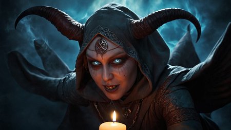 <lora:CulturePunkAI_2:0.6>(CeltPunkAI), male, solo, Painstaking Attention To Details, subsurface scattering, microgeometry BREAK (style-swirlmagic:1.0), portrait, looking down, solo, half shot, dynamic pose, detailed background, (occult, cultist theme:1.1) eyes aflame with dark magic, evil smile, vampiric dark angel, evil to the core, dying sunlight, casting a spell, hex, hooded elaborate vestments of the night, skull decorations, carrying the dark orb of the occult, fiery satanic horns, icy tundra, bringer of the false light, dark magic, dark clouds, floating particles, pestilence, decadence corruptor, dark magic light blue sparks in the air, dark aura, chains, midnight, candles, summoning circle BREAK <lora:EnvyDynamicPoseXL01:1> <lora:SDXL_Dices_Mega_Detail_v1:1.0>