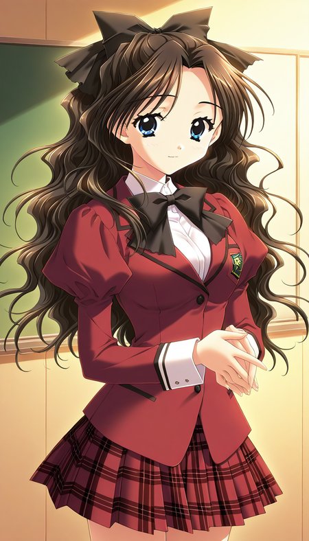 general,highres, ultra-detailed,very aesthetic,best quality ,best hands,  BREAK <lora:Shirai_Yuuri_IS:1>ShiraiYuuri, 1girl, long hair, brown hair, blue eyes, hair bow, ribbon, black hair, wavy hair, hair ribbon, breasts,light smile,
 school uniform, red skirt, black bow, plaid, plaid skirt, long red sleeves, bowtie, pleated skirt, own hands together, jacket, puffy sleeves,
crass room,