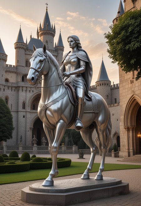 (medium full shot) of (graceful silver statue) on horseback,  ,  shield, located in  a majestic castle, featuring towering spires, grand halls, intricate tapestries, serene courtyards, stylish seating , at dawn, Masterpiece,best quality, photo, realistic, very aesthetic,