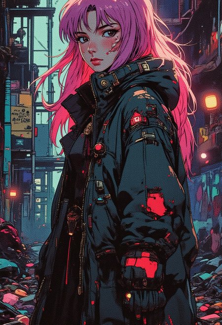 A gritty yet enchanting nymph with neon hair and ethereal freckles stands against graffiti-clad urban decay, blending cyberpunk and fantasy in mesmerizing detail. A digital artwork in the style of cknc,
