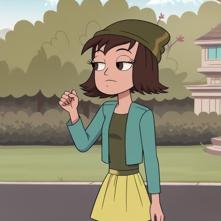 1girl, solo, outdoors, park trees, olive green shirt, turquoise jacket, yellow skirt, brown boots, olive green beanie