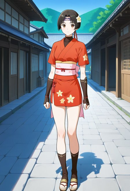 1girl, solo, linroninsoul, black hair, short hair, parted bangs, hair flower, headband, brown eyes, short kimono, short sleeves, floral print, shirt, turtleneck, obi, sash, kote, japanese clothes, toeless legwear, sandals, outdoors, japanese village, full body, standing, looking at viewer