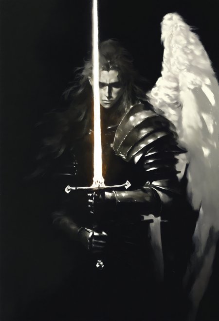 painterly, artist:[caravaggio|adam de coster|yoneyama mai|cursedweeboo|daodtt|diao \(nrays\)|ravine bells],
1boy, male focus, burnished armor, long hair, feathers, white wings, cowboy shot, planted sword, holding sword, glowing sword, calm, night, dark, black theme,
newest, impasto, brushstroke, impressionism, oil painting \(medium\), newest, absurdres, masterpiece, very aesthetic