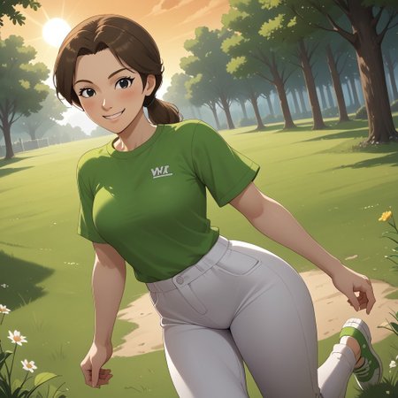 score_9, score_8, BREAK, solo, wii, mii, wii sports, 1girl, female mii, brown hair, brown eyebrows, black eyes, blush, light green clothing, white pants, shoes, breasts, nintendo mii, modern_mii, classic_mii, Masako_(Wii_Sports), cute, sexy pose, self portrait, smile, outdoors, sunlight, shadows, evening lighting, natural lighting, forest, trees, grass, orange sky, sunset