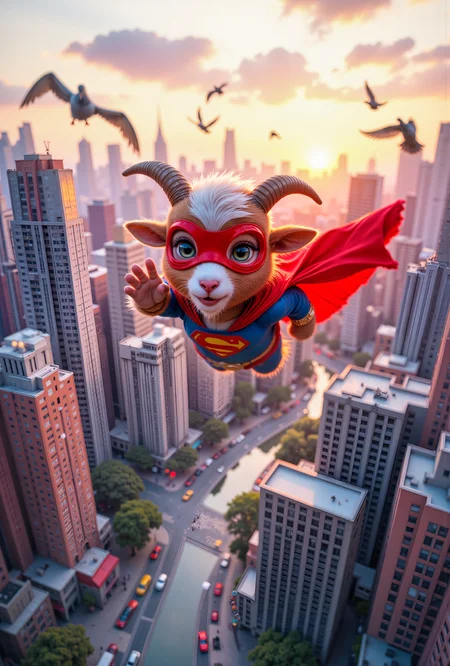 A hyper-realistic portrait, photorealistic photo close-up image of A tiny, adorable goat superhero in a bright red cape and mask, resembling a pint-sized version of Superman, flies through a candy-colored sky over a bustling city of miniature skyscrapers. The little heroâs chubby cheeks and wide, innocent eyes make him look more like a toddler dressed up for Halloween than a world-saving vigilante. As he zooms between the buildings, he waves cheerfully to the tiny citizens below, who look up and smile, waving back with tiny hands. Pigeons fly alongside him, trying to keep up with his playful flight path as he loops and twirls in the air. The city below is filled with pastel-colored buildings, tiny cars, and even smaller people, all going about their day in this whimsical world. The sun is setting, casting a soft pink and orange glow over the scene, making everything look even more magical. The tiny superhero pauses in mid-air to strike a heroic pose, his cape billowing dramatically in the breeze, before darting off to find his next adventure. (photography, high-resolution, dynamic, energetic,hyper-realistic, dramatic lighting, shallow depth of field.), detailmaximizer, MythP0rt<lora:midjourney_whisper_flux_lora_v01:0.55><lora:aidmaMJ6.1-FLUX-V0.1:0.4><lora:FluxMythP0rtr4itStyle:0.4><lora:detailed_flux_ntc:2.2><lora:aidmaImageUpgrader-FLUX-V0.1:0.65>