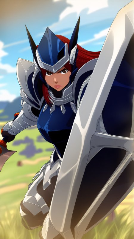 masterpiece, best quality, very aesthetic, absurdres, BREAK, 1girl, looking at viewer, cowboy shot, 
<lora:Adamantine_Erza_Illu_Dwnsty:0.8>,erz_adamantine, brown eyes, red hair, long hair, armor, helmet, full armor, gauntlets,
large breasts, lips, serious, holding shield, shield, dynamic pose, dual wielding, 
outdoors, sunlight, blue sky, cloud, village, grass, landscape,