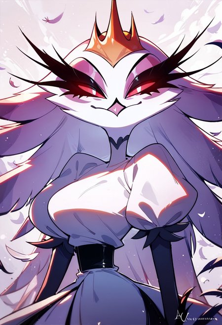 Stella, bird girl, beak, feathers, eyelashes, 1girl, crown, red eyes, white pupils, breasts, dress, looking at you, wallpaper, score_9, score_8_up, score_7_up