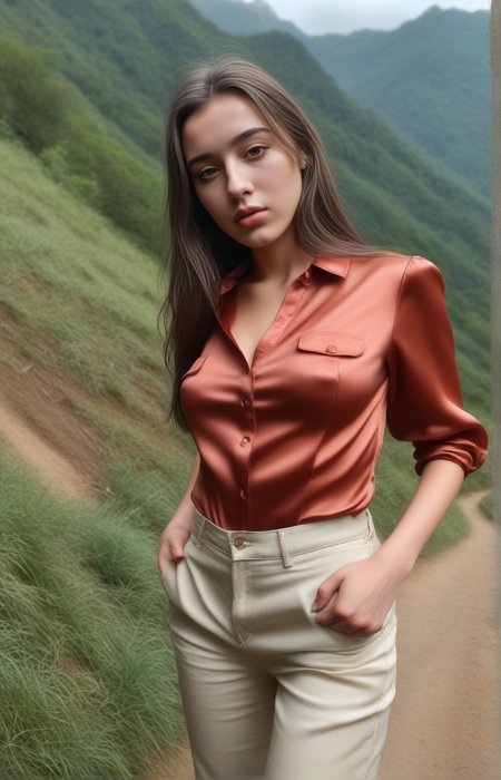 Stable_Yogis_PDXL_Positives <lora:Virtual_Babes_1_By_Stable_Yogi_SDXL8:0.8>
 88babes-girl88, long hair,  brown hair, realistic, brown eyes, face close up, red shirt, 
beautiful, realistic, real_life.
 (( wearing Satin blouse, Utility pants ,  winding mountain trail ))