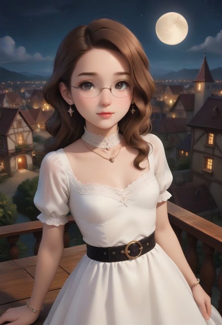 score_9, score_8_up, score_7_up, masterpiece, illustration, the best quality, ((solo)), 1girl, beautiful tender 18 years, lipstic, eyewear, small chest, small ass,
Sexy pose, seductive smile, 
1girl, clairefoley, brown hair, black eyes,  round glasses,
Luxurious, beautiful, luxurious gothic dress,   white dress (lace, white frills, belt), luxurious jewels, white lace choker, bracelet
Night, stars, only one Moon, 
 on rooftop, on top of medieval town, night time,
dynamic angle, cowboy shot, dynamic pose, cute, realistic, wide shot, view legs