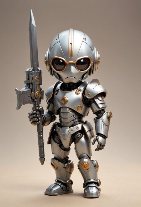 Cute little happy miniature chibi futuristic robot with big comically weapon , wearing armor and plated armor, holding weapon