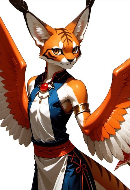 MVC2style
1person, Palagiri, anthro, feline features, feline nose, ((wings)), ((armless)), large perfect wings, 
3/4 view, perfect wings, ((feathers-tipped tail, fanned tail-tip, tapering-tip tail)), simple background, white background, upper body,
Source: anime, score: 9, score: 8up,
