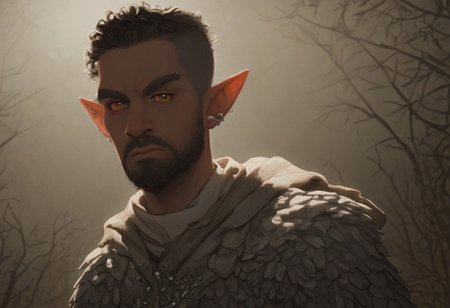 solo, short pointy ears, piercings, random elf face, aquiline features, male dark elf, masculine, facial hair, brow rings, beaded piercings, weathered skin, chiseled features, large nose, insect chitin armor, insect chitin helmet, insect chitin ornaments, stylized insect pattern, athletic build,  animated realism, zoomed out, Syrian features, torso, yurts, elegant berber tapestries, dead trees, ashy soil, grey green foliage, distant grey hills, sunrise, gloomy lighting, grey fabric awnings, dark wood posts, light dust clouds, grey-blue skin, mahogany and ivory clothes, medium armor, bone plate armor, ivory straps and fittings, alien bone ornaments, grey wood neckguard, red sclera, black pupils, blue-green light, neon, highly detailed, defined features, looking at viewer, three quarters view, from below, dynamic lighting, 29 years old, light and shadows, patterned cloth, annoyed expression, expressive eyes, detailed medieval clothes, short hair, wavy hair, thick hair, beaded hair, braided hair, under cut hair, semirealistic, alien elf, spanish features, jewish features, white grey hair, dark red hair, umber skin, sharp features, pastel green inuit print cloak, nighttime, high detail, absurdres, pretty eyes, detailed eyes, yellow eyes,