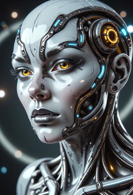 imagine extreme close-up, cybernetic mythpunk woman, with liquid marble white skin with gray veins, detailed yellowish-orange mechanical eyes, subtle neon implants. Partially concealed expression, hinting at ancient secrets. Single abstract light source, rim lighting through mist, soft ethereal glow. Wearing a carbon fiber mechanical exosuit with intricate glowing runes. Casting a spell, opening a portal within an alien cave – a futuristic mad scientist's lab. Profound mystery, quiet intensity.
