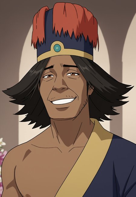 safe_pos, safe_pos, score_9, score_8_up, rating_nsfw, ultra hd, absurdres, best quality, best aesthetic, masculine, solo, 1boy, male focus, perfect proportions, erotic, mature male, coloured,

AvatarChong, flower lei, dark-skinned male, black hair, facial hair, hat, robes, WolfConF, Expressiveh, happy, smiling, horny face, flirty smile, bedroom eyes