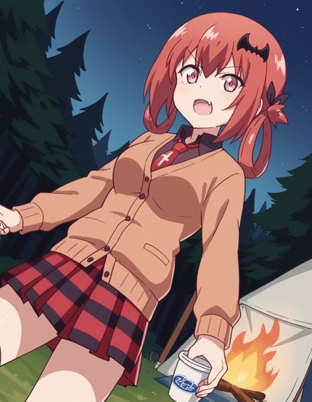 score_9, score_8_up, score_7_up, source_anime, <lora:satanichia-kurumizawa-mcdowell-s1-ponyxl-lora-nochekaiser:1>, satanichia kurumizawa mcdowell, hair ornament, red hair, hair rings, bat hair ornament, pink eyes, skin fang, large breasts,, skirt, shirt, school uniform, pleated skirt, necktie, shoes, socks, collared shirt, plaid, kneehighs, black shirt, plaid skirt, cardigan, black socks, inverted cross, brown cardigan,, camping, bonfire, tent, stargazing, marshmallows, forest clearing, night, , looking at viewer, hand holding a cup, solo,, cowboy shot, dutch angle