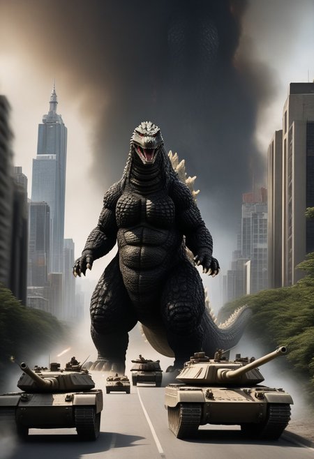 wide shot, cinematic film still, in the foreground  highway road of (army tanks), ((slender Godzilla)) in the background city horizon, monster focus, solo, realistic, hyperrealism, ornate, studio photograph, godzilla kaijuu, gigantic monster, model_buildings, model_kit_(medium), city skyline, forced perspective, blurry background, building, outdoors, perfection style, perfection, perfect
