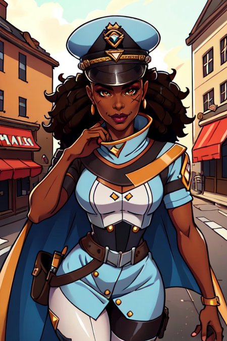 masterpiece,best quality,extreme detail,8k,image sharpness,<lora:Octavia:0.8> octavia2, 1girl, solo, looking at viewer, smile, brown hair, hat, brown eyes, dark skin, mole, uniform, official alternate costume, dark-skinned female, lips, makeup, scar, lipstick, portrait, peaked cap, mole under mouth, eyeshadow, nose