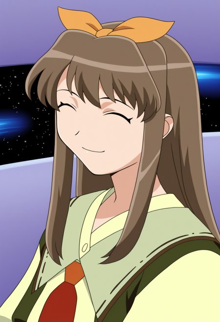masterpiece, high quality, highres, newest, absurdres, 
1girl, ezra vieil, solo,closed eyes, ^_^,smile, ezra outfit, long hair, bangs, brown hair,closed mouth, standing, hair bow, indoors, space, portrait