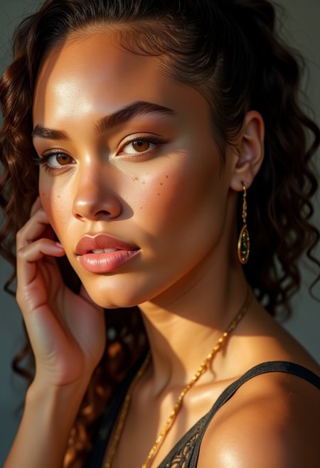 High quality realistic beauty shot of BGV2. she is a gorgeous woman and she is posing in a studio room. It's framed tightly on her face with high key lighting. She is giving an intense and confident look. She has dramatic beauty shot make up.