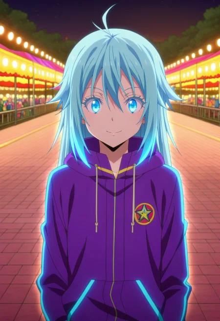 masterpiece, best quality, anime screencap, anime coloring, official style, intricate details, looking at viewer, 1boy, male focus, amethyst eyes, chestnut hair, surfer hair,, solo, theme park, colorful rides, glowing attractions, lively crowds, enjoying pose, joyful expression, festival lights, <lora:tensura_style_ilxl:1>, tensura_style,