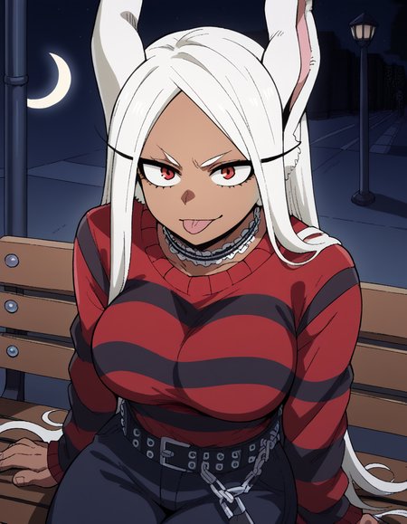 score_9, score_8_up, score_7_up, source_anime, <lora:rumi-usagiyama-ponyxl-lora-nochekaiser:1>, rumi usagiyama, long hair, animal ears, white hair, dark skin, rabbit ears, dark-skinned female, rabbit girl, red eyes, parted bangs, large breasts, <lora:emo-fashion-ponyxl-lora-nochekaiser:1>, emo fashion, torn sweater, two-tone sweater, sweater under shirt, striped sweater, lace-trimmed choker, belt chain, red sweater, black sweater, goth fashion, street, night, moon, sitting, bench, from above, tongue out, cowboy shot, looking at viewer