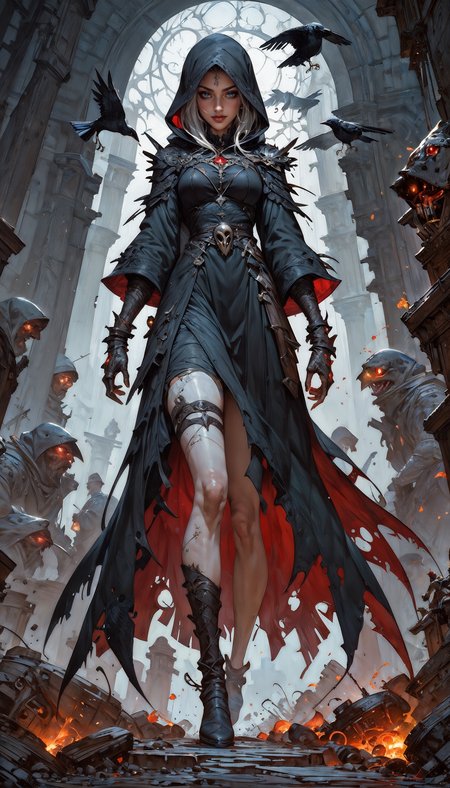 score_9, score_8_up, score_7_up,  1girl, cute, thigh strap, (gothic), eerie, gloomy, dark, (solo), full body, sorceress, necromancer, black robe, tattered rags, hood up, white hair, pale skin, red eyes, evil smirk, moonlight, crows,  <lora:Expressive_H-000001:0.8>, expressiveH     <lora:Fant5yP0ny:0.9> <lora:Pony_DetailV1.0:0.9>