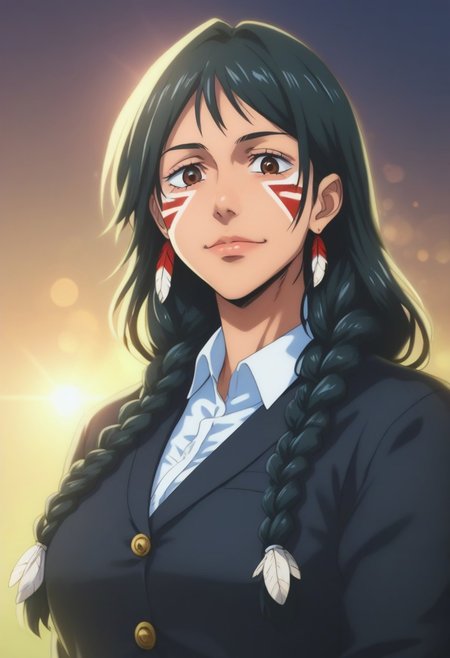 score_9, score_8_up, score_7_up, source_anime, intricate details, anime screencap, perfect balance, official art, extremely detailed CG unity 8k wallpaper, perfect lighting, Colorful, Warm_Front_face_Lighting, (masterpiece:1.0),(best_quality:1.0), ultra high res,4K,ultra-detailed, photography, 8K, HDR, highres, absurdres:1.2, Kodak portra 400, blurry background, bokeh, lens flare, (Anime) (vibrant_color:1.2), professional photograph, night, (cute_face:1.2), 2d, anime, upper body, intricate iris, American, Professional character design, 1girl, female focus, (Brown eyes), perfect eyes, (black-hair), Native American, Indigenous, American Indian, youthful, solo, jujutsu_kaisen_style, character portrait, (perfect-lighting), face, young, (Dark-black-hair), Long hair, (Native American), Indigenous, American Indian, (((wild eyes))), (Native North American), (Upturned eyes), (high cheekbones), (strong jawline), (Black Hair), ((((Native-American-Eagle-feather-braids, Native American Eagle feather accessories)))), (Black Cowboy Jacket), (((wild eyes))) ((Bobbed Bangs)) (((Slanted-Eyes))) (Psycho) (Happy) (Friendly) (Goofy) (Dark Black Jacket) (White Dress Shirt), (Warpaint), (Redwood Forest, Pacific Northwest Forests), (Inuit), (Tan skin), (Dark Skin), (Brown skin), (bobbed hair), White Eagle-Feather-Earrings, Thick Bangs, Bobbed hair, Bob-cut, White-Feather-Earrings, Brown-skin, Inuit Face-paint, Full-Bangs, Wide-Bangs, Thick-Hair, Native Face-paint