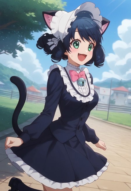 score_9, score_8_up, score_7_up, professional anime,1girl,solo,(Cyan from Show by rock!),perfect body,short girl,petite,<lora:show_by_rock_cyan:1>,1girl, short hair, black hair, green eyes, cat ears, cat tail, short dress, pink bowtie, long sleeves, bonnet, curly hair,medium breasts,happy,jumping