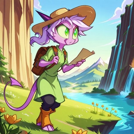 Dreamkeepers,1girl,Prelude_Namah,solo,demon tail, green eyes, horns, 
adjustsing her backpack on a mountain trail, a map in hand. Wildflowers dot the path, and a waterfall cascades in the distance, mountain, hiking, backpack, map, wildflowers, waterfall, trail, outdoors, nature, determined_expression, sunhat, hiking_boots, wind_blown_hair, scenic