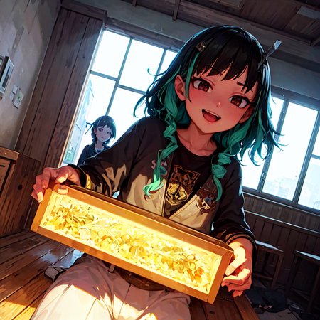 masterpiece, best quality, photorealistic, 3D, shiny_skin, shiny_hair, dynamic angle, beautiful detailed glow, HDR, Rembrandt lighting, colorful refraction, lens flare, bloom, film Reflection, chromatic aberration, light diffusion, public indecency, cowboy shot, deep meaning, physically-based rendering, bright, vibrant, intricate, 1girl,shishio chris,<lora:shishio chris:1.0>,  :d